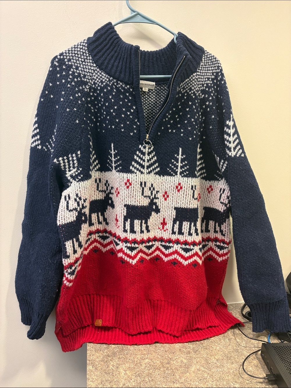 Simply Southern Unisex/Men's Zip-Up Nordic Sweater in Navy, White & Red